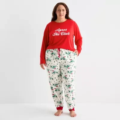 North Pole Trading Co. Polar Ski Club Womens Crew Neck Long Sleeve 2-pc. Matching Family Plus Pajama Sets