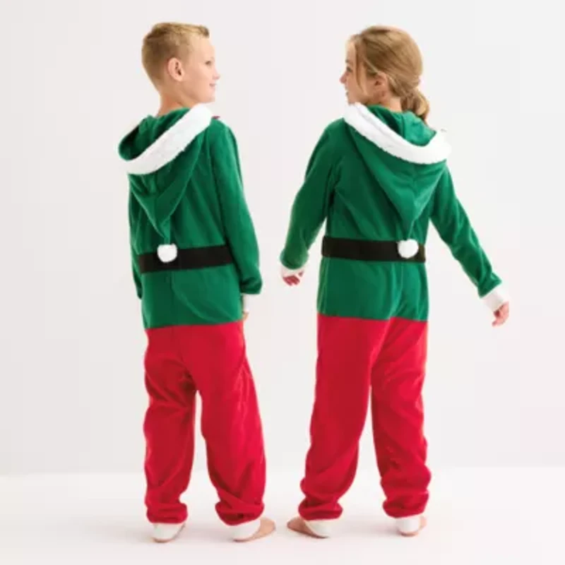 North Pole Trading Co. Elf Little & Big Kid Unisex Microfleece Hooded Long Sleeve Matching Family One Piece Pajama