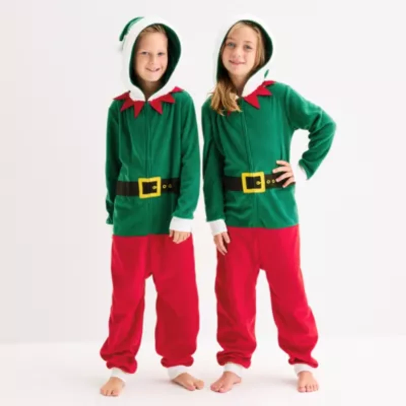 North Pole Trading Co. Elf Little & Big Kid Unisex Microfleece Hooded Long Sleeve Matching Family One Piece Pajama