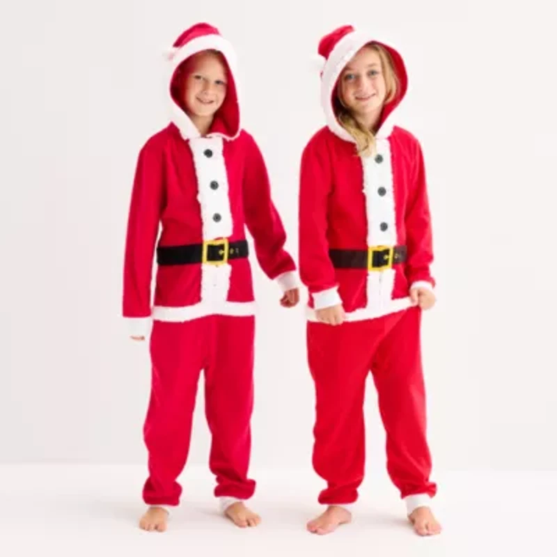 North Pole Trading Co. Santa Little & Big Kid Unisex Microfleece Hooded Long Sleeve Matching Family One Piece Pajama