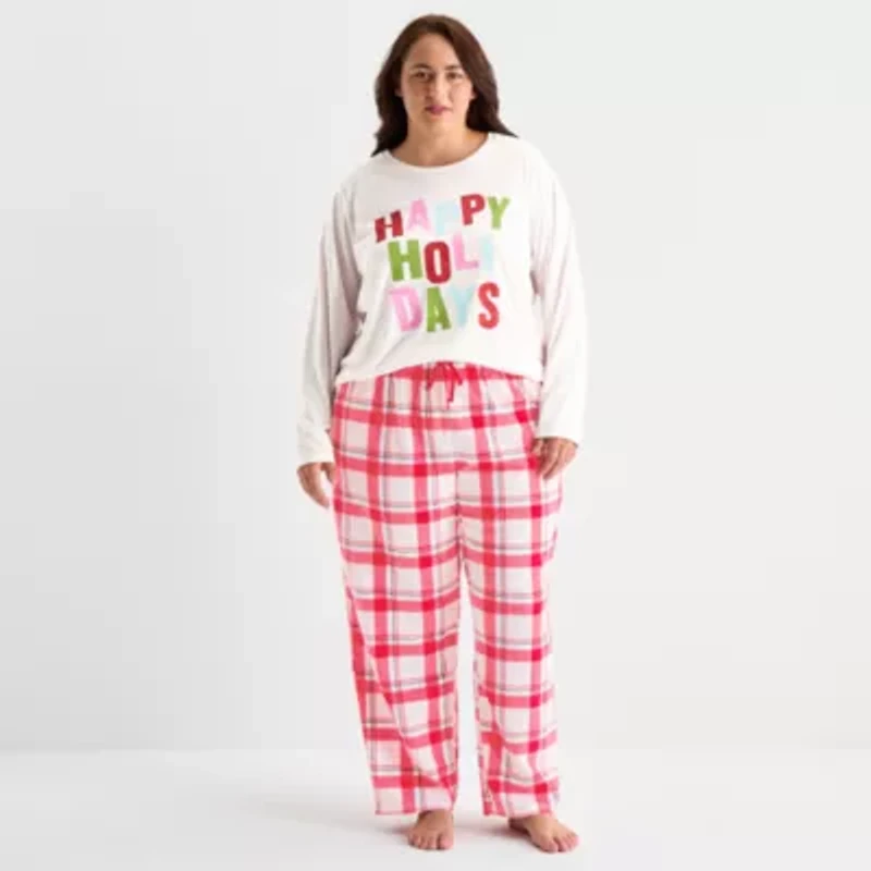 North Pole Trading Co. Happy Holidays Womens Crew Neck Long Sleeve 2-pc. Matching Family Plus Pajama Sets