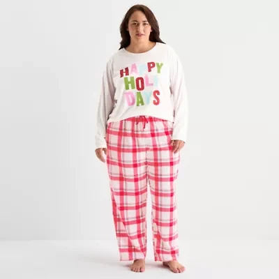 North Pole Trading Co. Happy Holidays Womens Crew Neck Long Sleeve 2-pc. Matching Family Plus Pajama Sets