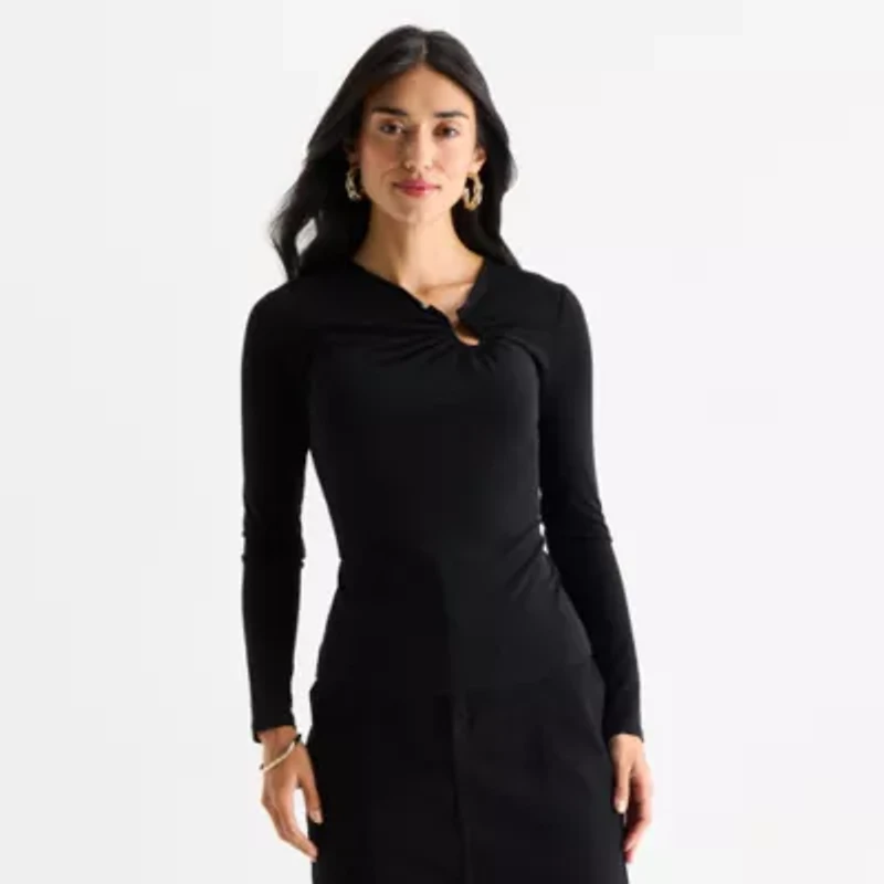 Bold Elements Womens Asymmetrical Neck Long Sleeve Blouse