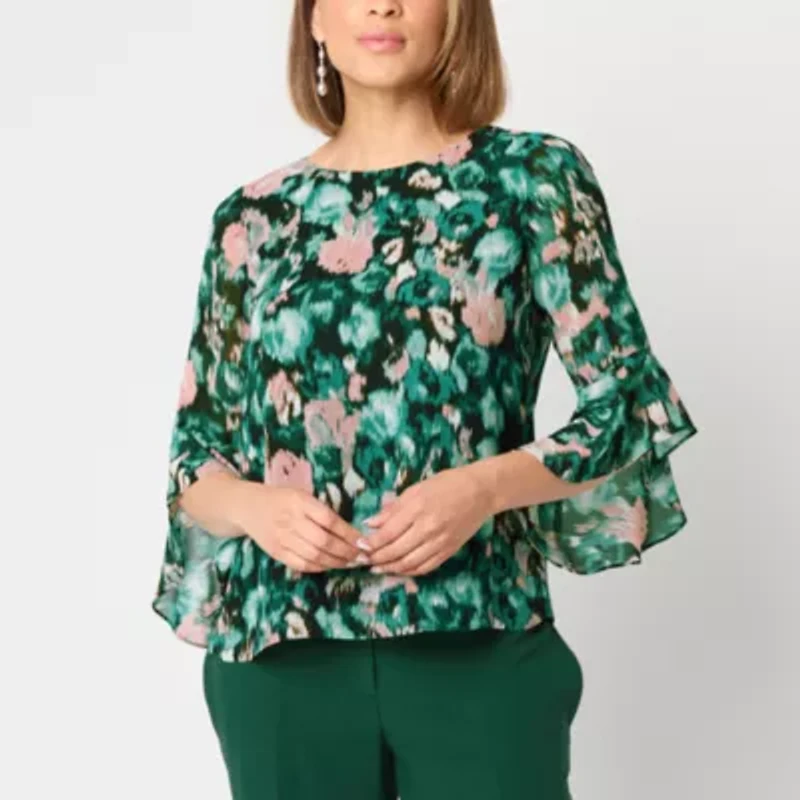 Black Label by Evan-Picone Womens Crew Neck 3/4 Sleeve Blouse