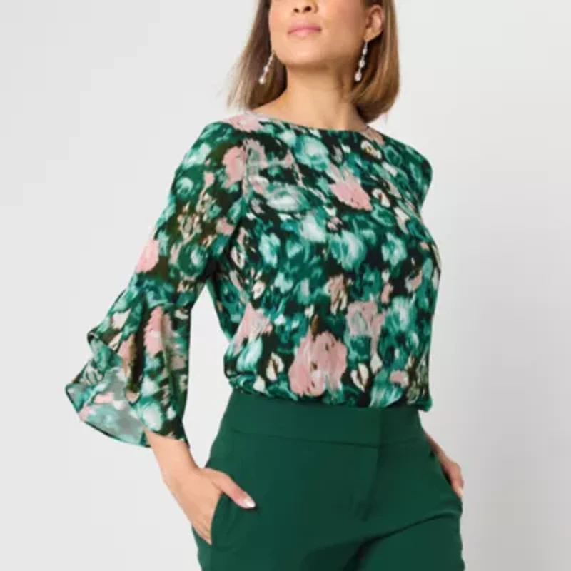 Black Label by Evan-Picone Womens Crew Neck 3/4 Sleeve Blouse