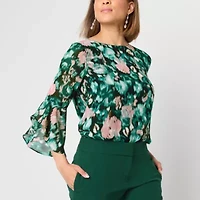 Black Label by Evan-Picone Womens Crew Neck 3/4 Sleeve Blouse