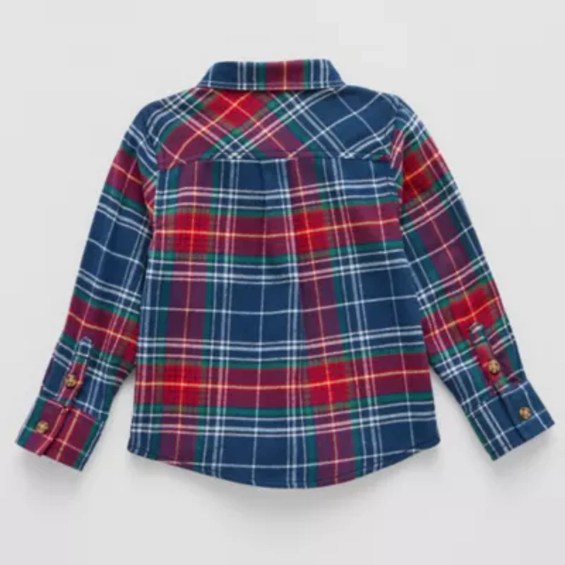 Okie Dokie Toddler Boys Easy-on + Easy-off Hidden Access Opening Long Sleeve Adaptive Regular Fit Flannel Shirt