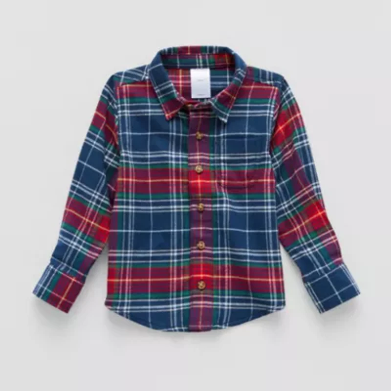 Okie Dokie Toddler Boys Easy-on + Easy-off Hidden Access Opening Long Sleeve Adaptive Regular Fit Flannel Shirt