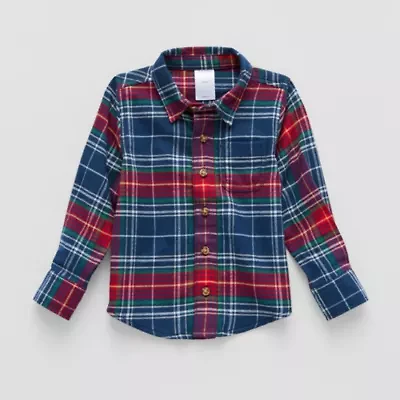 Okie Dokie Toddler Boys Easy-on + Easy-off Hidden Access Opening Long Sleeve Adaptive Regular Fit Flannel Shirt