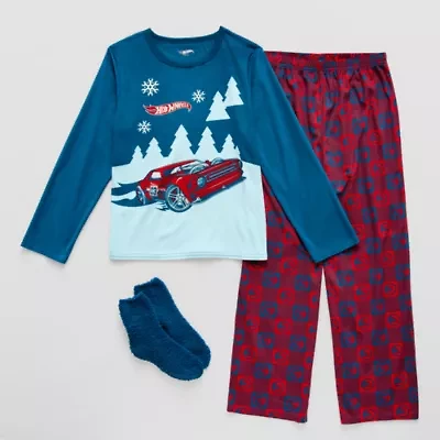 Holiday Little & Big Kid Boys Hot Wheels Crew Neck Long Sleeve 3-pc. Pajama Sets
