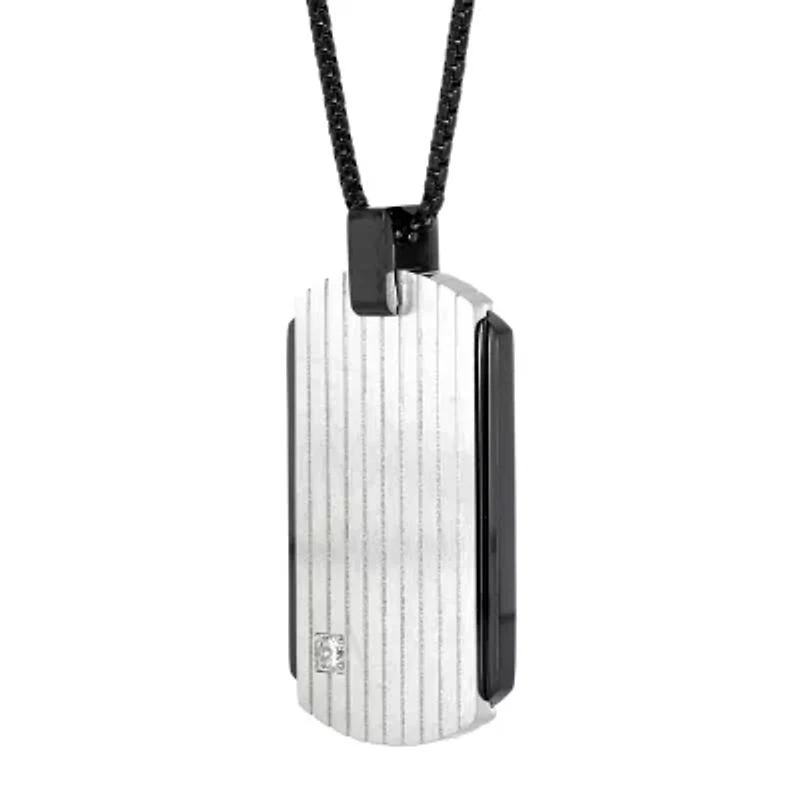 Mens White Cubic Zirconia Sterling Silver Dog Tag 24 Inch Pendant Necklace