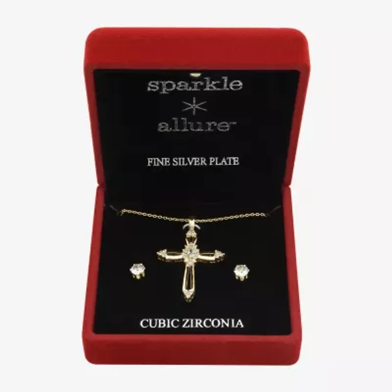 Sparkle Allure Light Up Box Womens Cubic Zirconia 14K Gold Over Brass Cross 2-pc. Jewelry Set