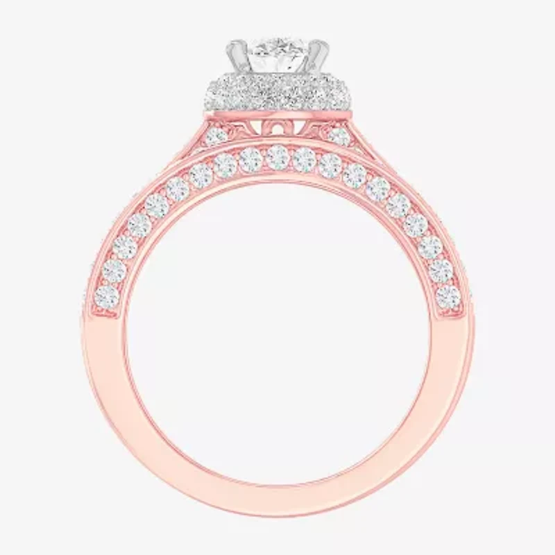 (G-H / Si1-Si2) Womens 1 7/8 CT. T.W. Lab Grown White Diamond 14K Gold Oval Side Stone Halo Engagement Ring