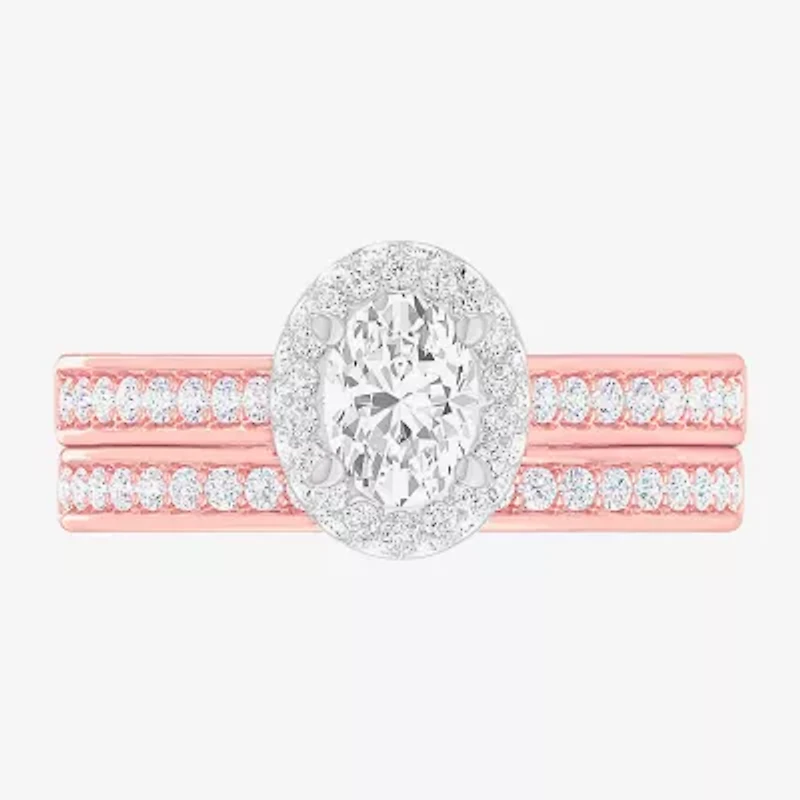 (G-H / Si1-Si2) Womens 1 7/8 CT. T.W. Lab Grown White Diamond 14K Gold Oval Side Stone Halo Engagement Ring