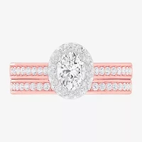(G-H / Si1-Si2) Womens 1 7/8 CT. T.W. Lab Grown White Diamond 14K Gold Oval Side Stone Halo Engagement Ring