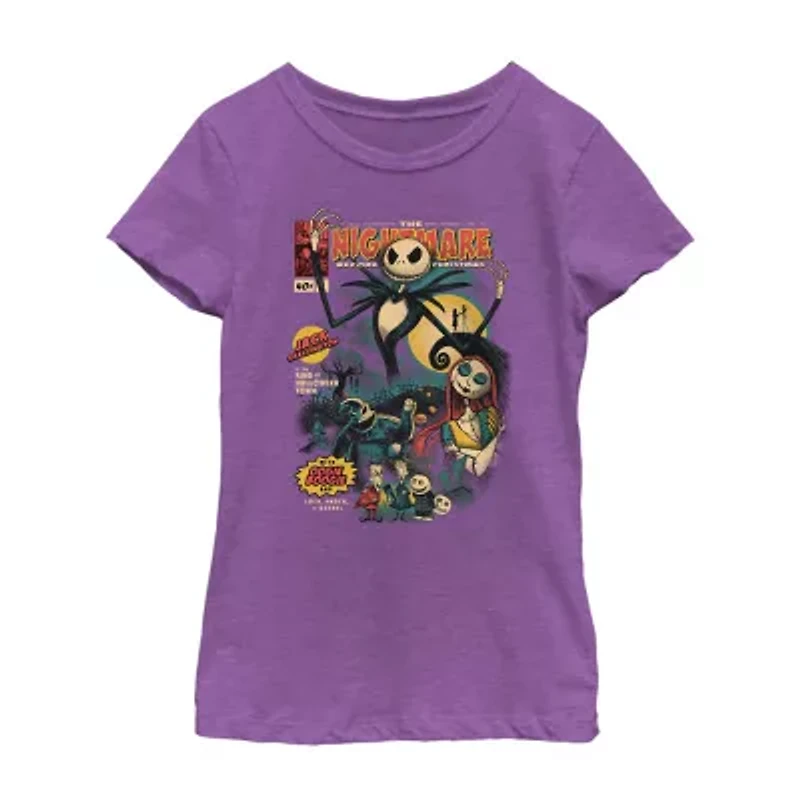 Disney Collection Little & Big Kid Girls Crew Neck Short Sleeve Regular Fit Nightmare Before Christmas Graphic T-Shirt