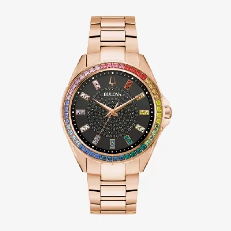 Bulova Classic Crystal Mens Crystal Accent Rose Goldtone Stainless Steel Bracelet Watch 97a180