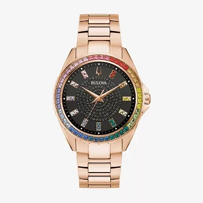 Bulova Classic Crystal Mens Crystal Accent Rose Goldtone Stainless Steel Bracelet Watch 97a180