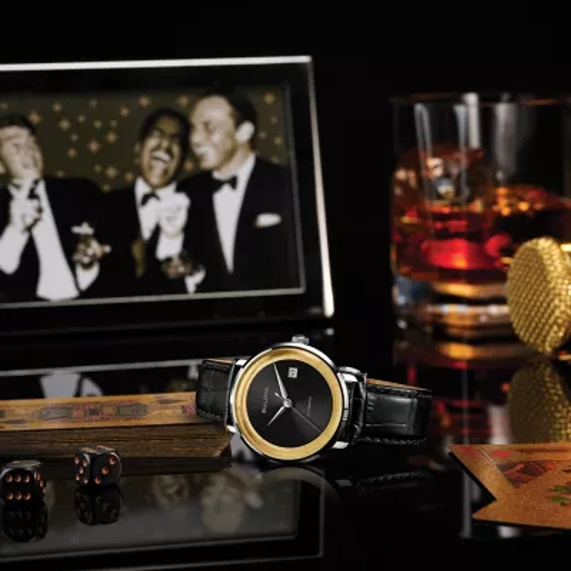Bulova Frank Sinatra Rat Pack Mens Automatic Black Leather Strap Watch 96b406