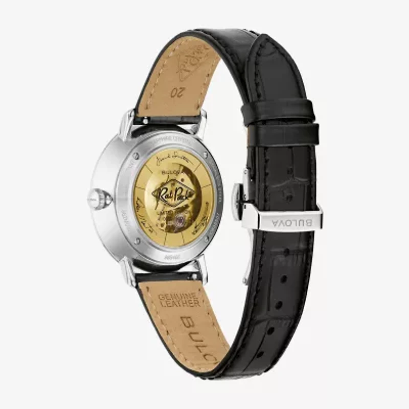 Bulova Frank Sinatra Rat Pack Mens Automatic Black Leather Strap Watch 96b406