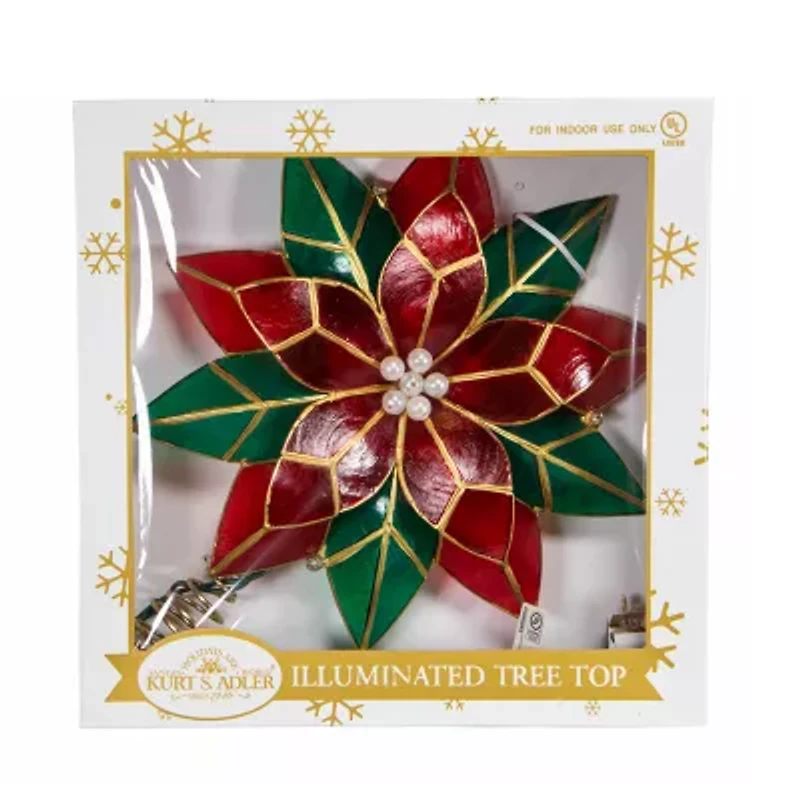 Kurt Adler 9.5in Ul 10 Light Red And Green Poinsettia Christmas Tree Topper