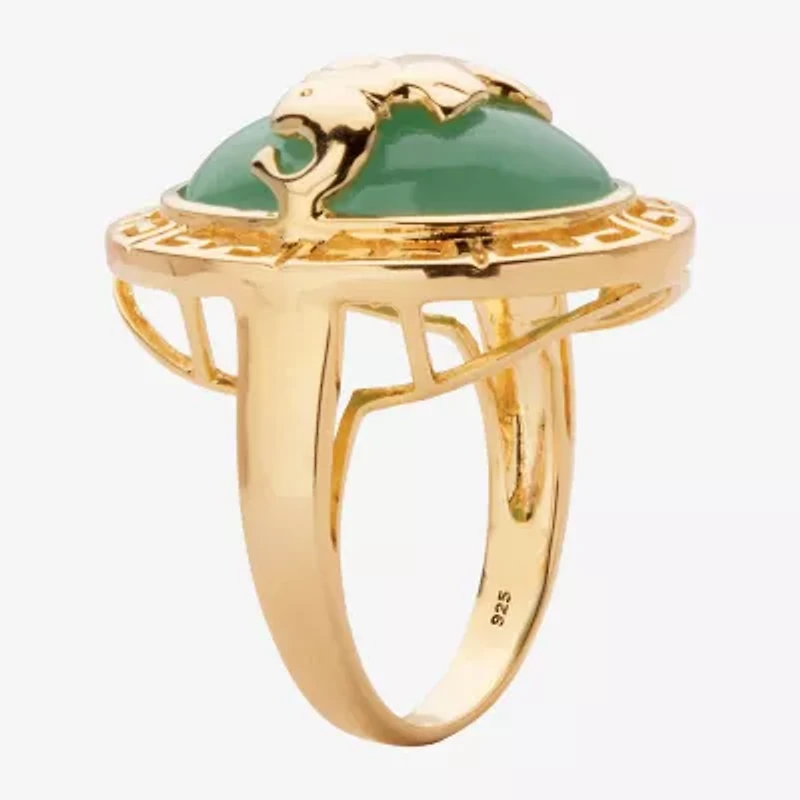 Elephant Womens 3MM Genuine Green Jade 14K Gold Over Silver Band