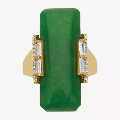 Womens Genuine Green Jade 18K Gold Over Silver Rectangular Cocktail Ring