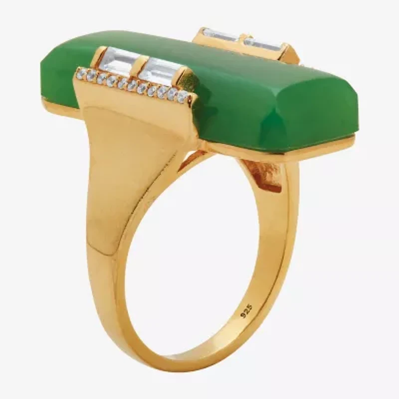Womens Genuine Green Jade 18K Gold Over Silver Rectangular Cocktail Ring