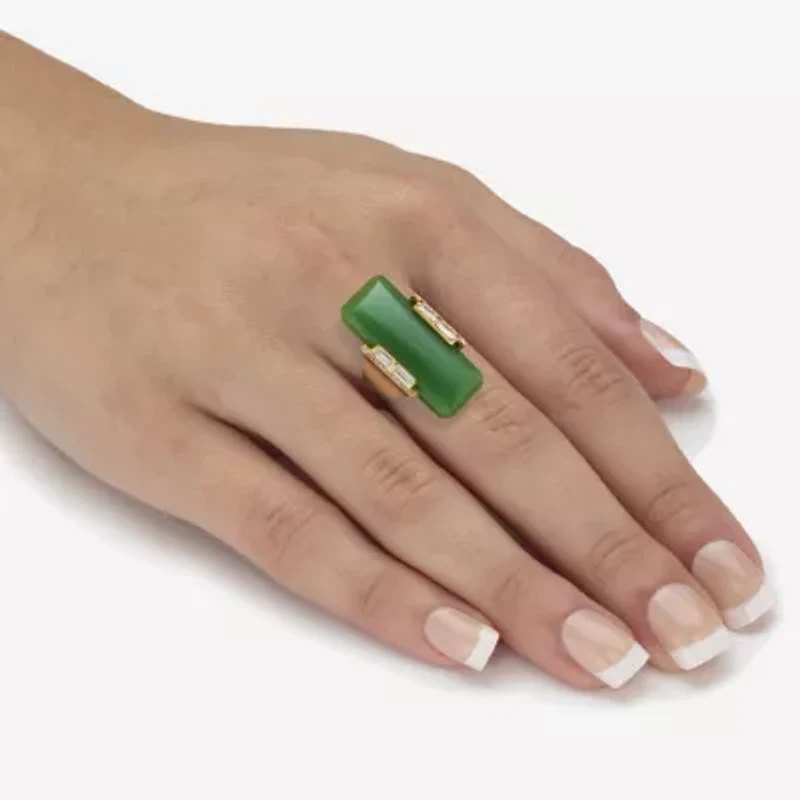 Womens Genuine Green Jade 18K Gold Over Silver Rectangular Cocktail Ring
