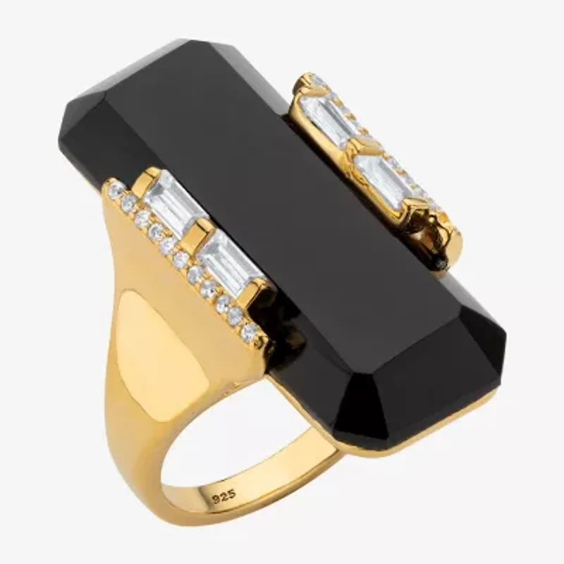 Womens Genuine Black Onyx 18K Gold Over Silver Cocktail Ring
