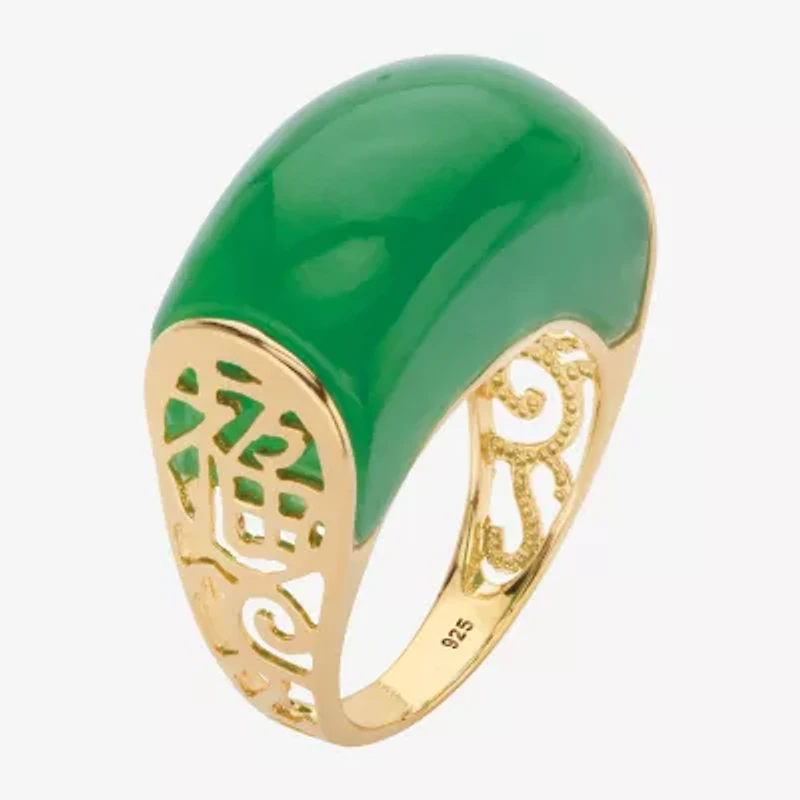 Womens 3MM Genuine Green Jade 14K Gold Over Silver Band