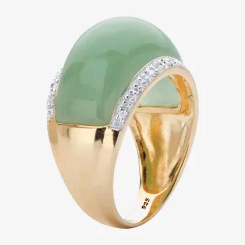 Womens 3MM Genuine Green Jade 14K Gold Over Silver Band