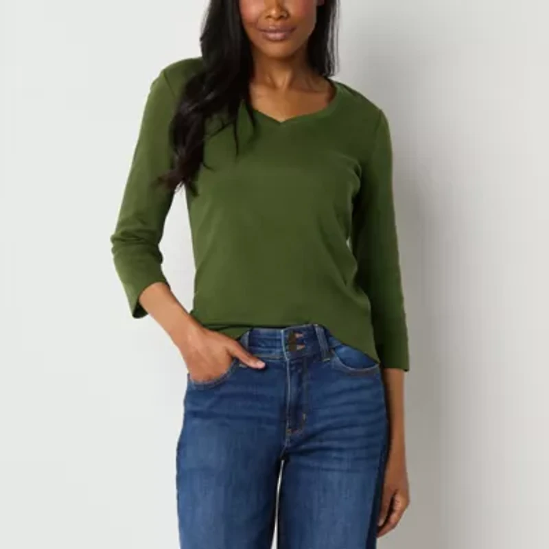St. John's Bay Womens V Neck 3/4 Sleeve T-Shirt