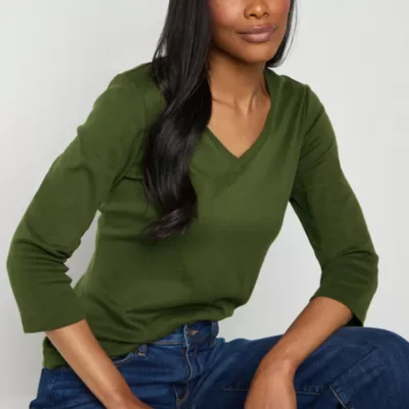 St. John's Bay Womens V Neck 3/4 Sleeve T-Shirt