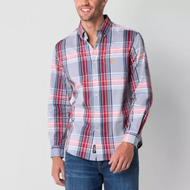 U.S. Polo Assn. Cotton Stretch Poplin Mens Y Neck Long Sleeve Classic Fit Fabric Embroidered Button-Down Shirt