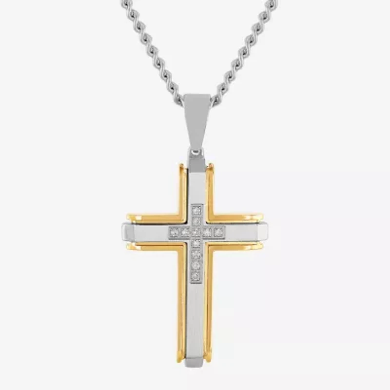 (G-H / I1) Mens 1/5 CT. Lab Grown White Diamond Stainless Steel Cross 24 Inch Pendant Necklace