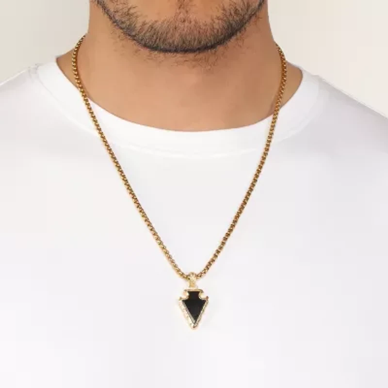 Mens Black Agate Stainless Steel Arrow 24 Inch Pendant Necklace