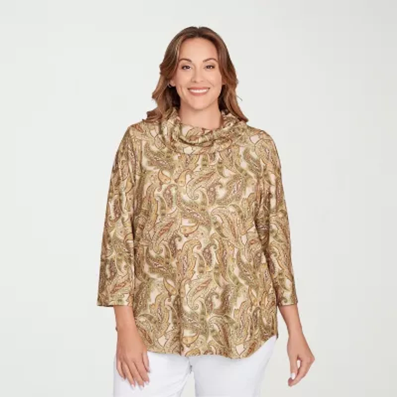Hearts Of Palm Plus Womens Cowl Neck 3/4 Sleeve Tunic Top