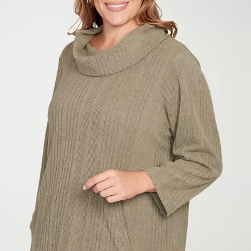 Hearts Of Palm Plus Womens Cowl Neck 3/4 Sleeve Tunic Top