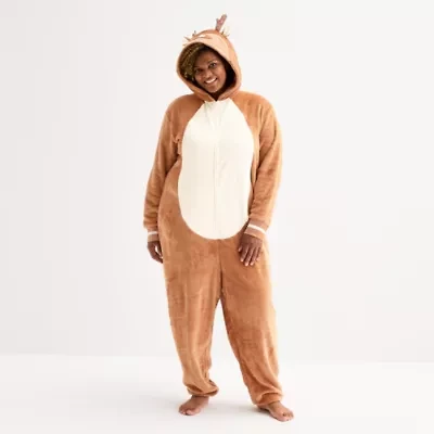 North Pole Trading Co. Reindeer Unisex Adult Plush Hooded Long Sleeve Matching Family Plus One Piece Pajama