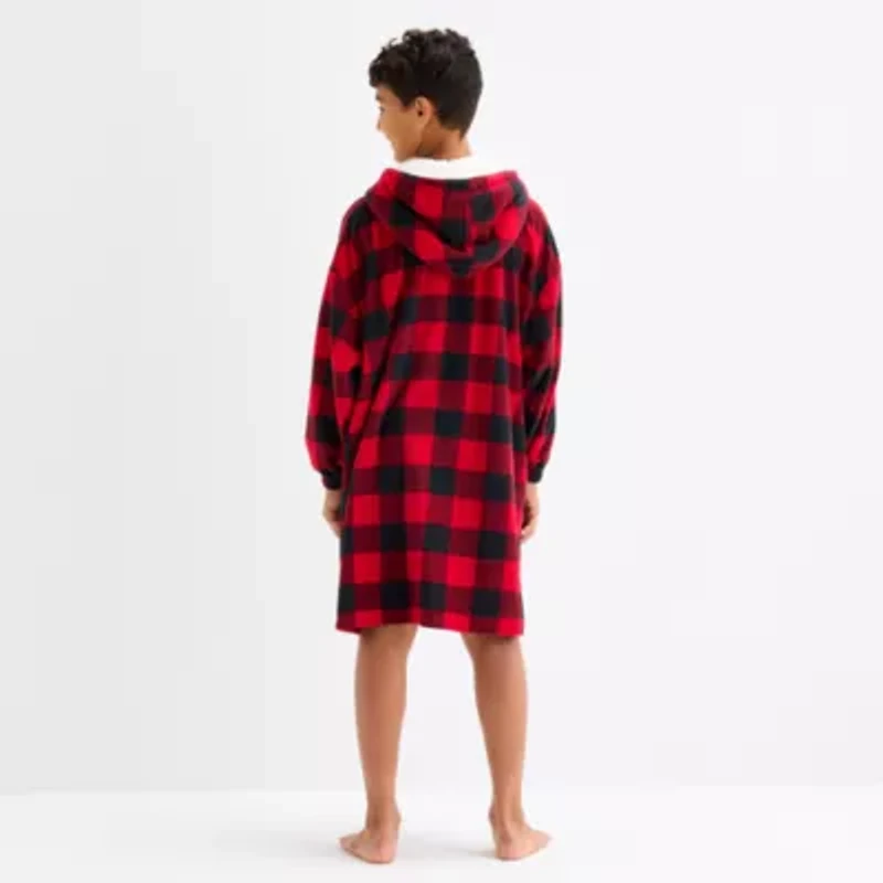 North Pole Trading Co. Moose Buffalo Check Big Kid Unisex Microfleece Hooded Long Sleeve Matching Family Nightgown