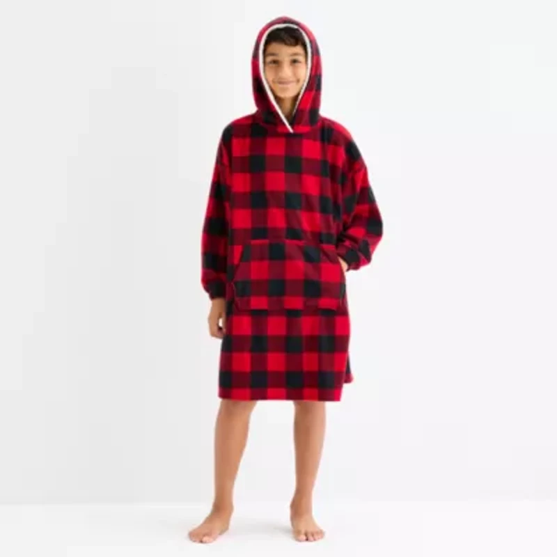 North Pole Trading Co. Moose Buffalo Check Big Kid Unisex Microfleece Hooded Long Sleeve Matching Family Nightgown