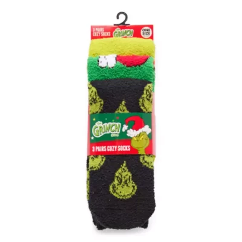 Cozy Unisex Adult 3 Pair Grinch Crew Socks