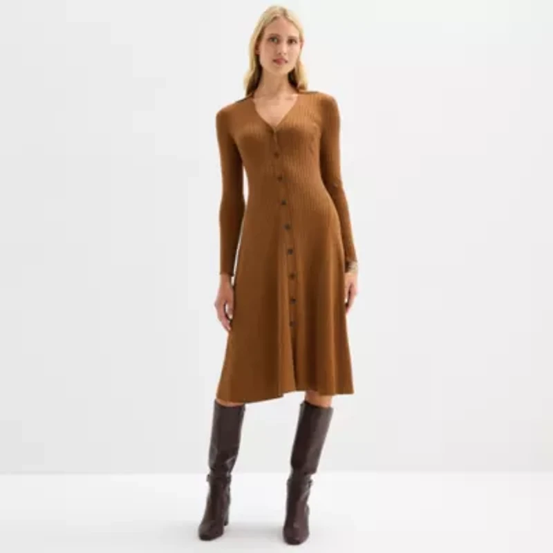 Melonie T Womens Long Sleeve Midi Sweater Dress