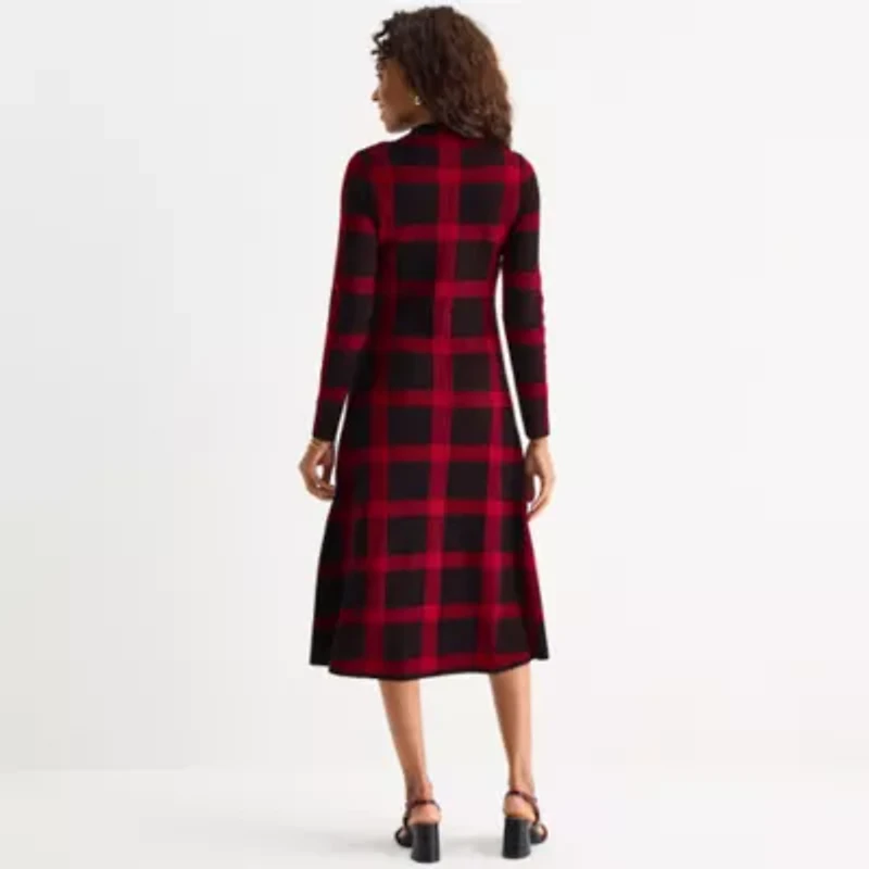 Danny & Nicole Womens Long Sleeve Windowpane Midi Sweater Dress