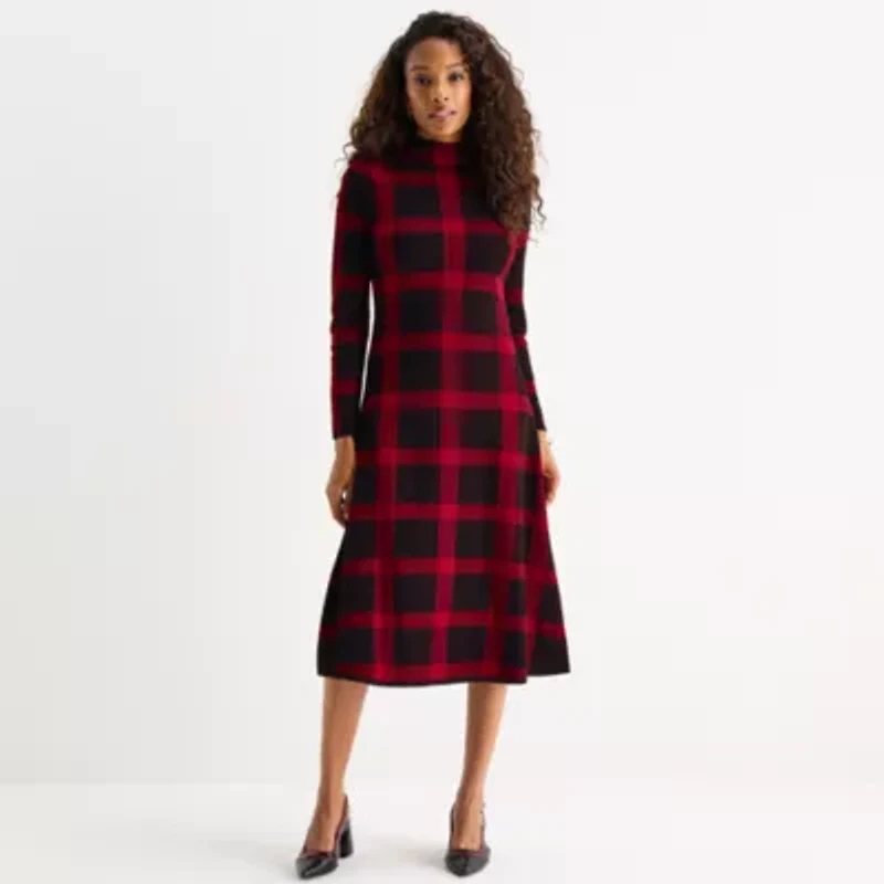 Danny & Nicole Womens Long Sleeve Windowpane Midi Sweater Dress