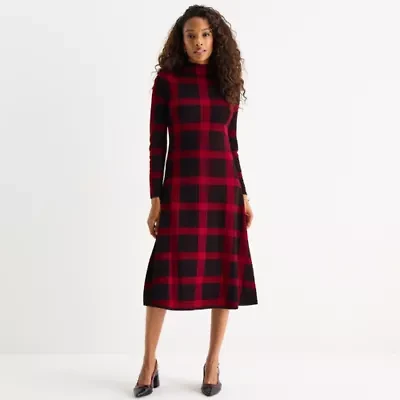Danny & Nicole Womens Long Sleeve Windowpane Midi Sweater Dress