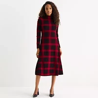 Danny & Nicole Womens Long Sleeve Windowpane Midi Sweater Dress