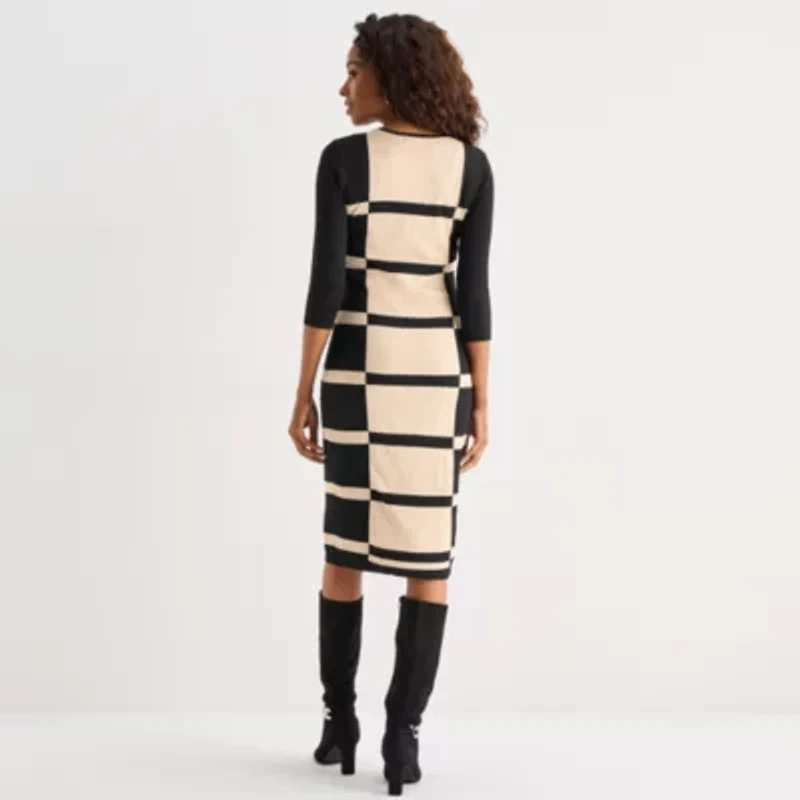 Danny & Nicole Womens 3/4 Sleeve Windowpane Sweater Dress