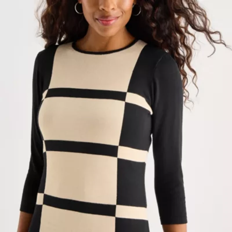 Danny & Nicole Womens 3/4 Sleeve Windowpane Sweater Dress